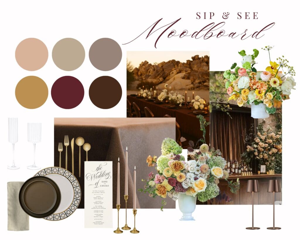 Wedding design moodboard featuring a moody color palette of chocolate brown, mustard yellow, and burgundy with velvet textures by Austin wedding planner Olive & Eden.